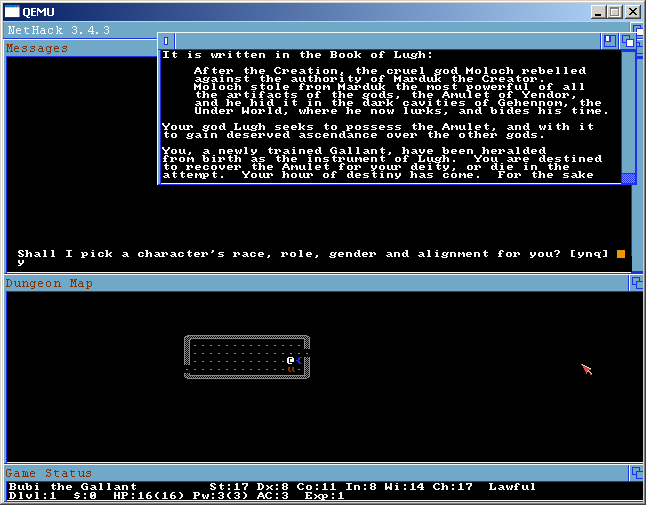 Screenshot NetHack on AROS running under qemu