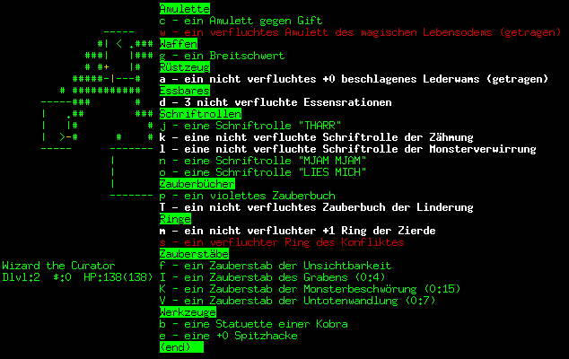 Screenshot NetHack-De showing the inventory in German